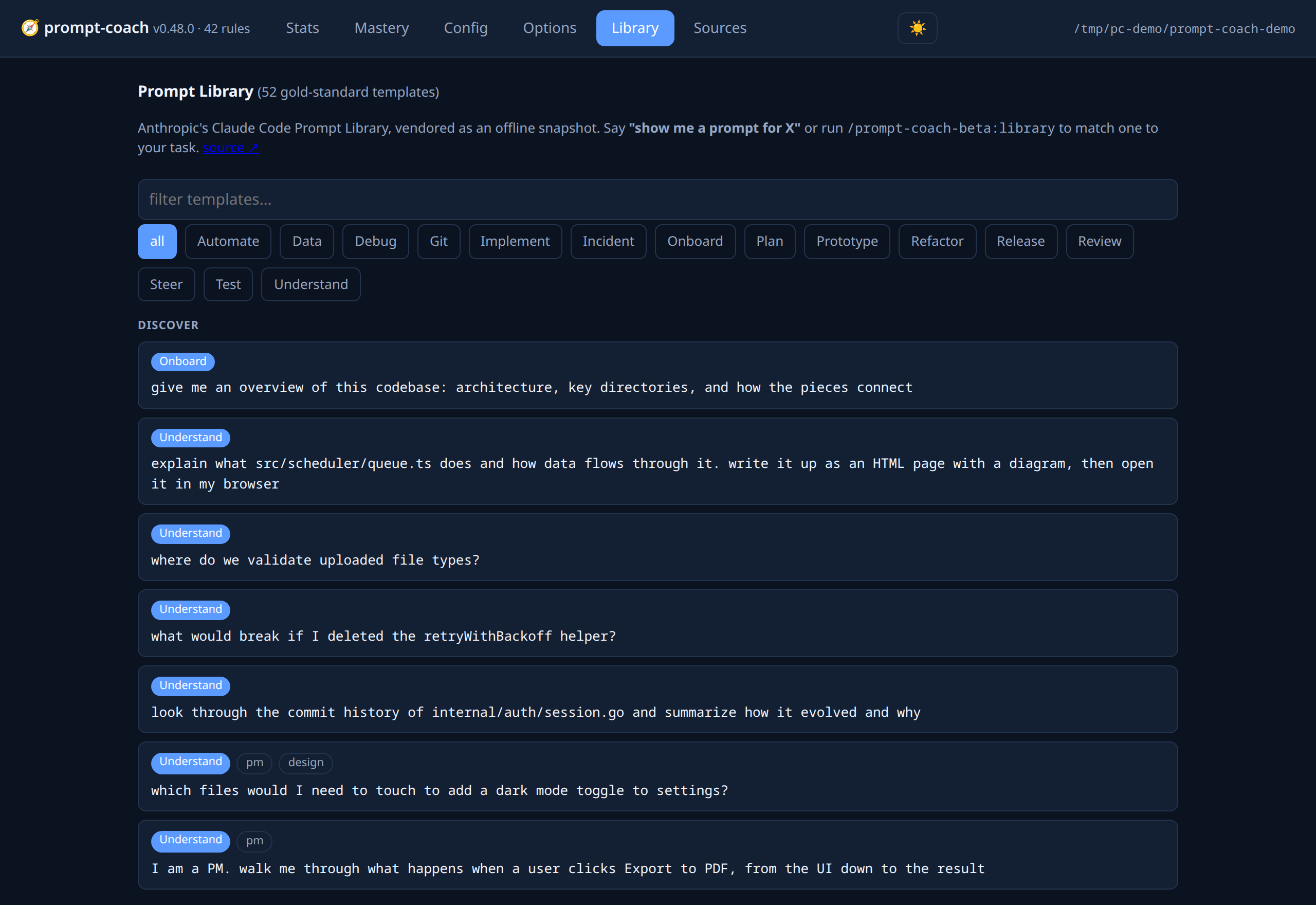 prompt-coach dashboard — the Library tab