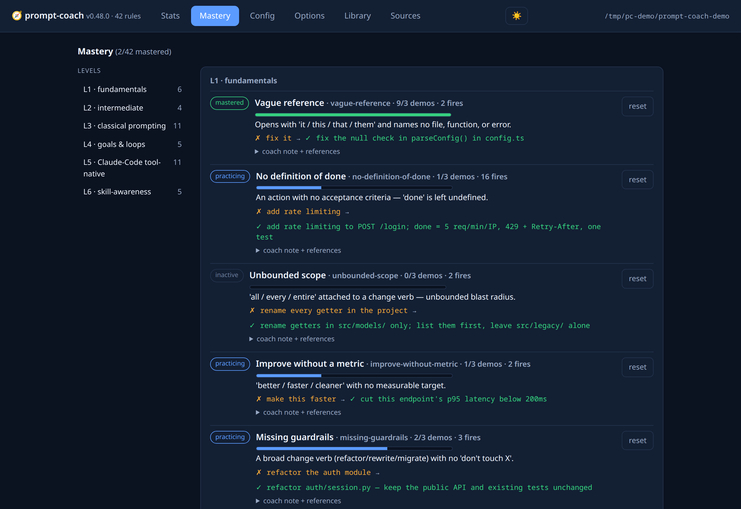 prompt-coach dashboard — the Mastery tab