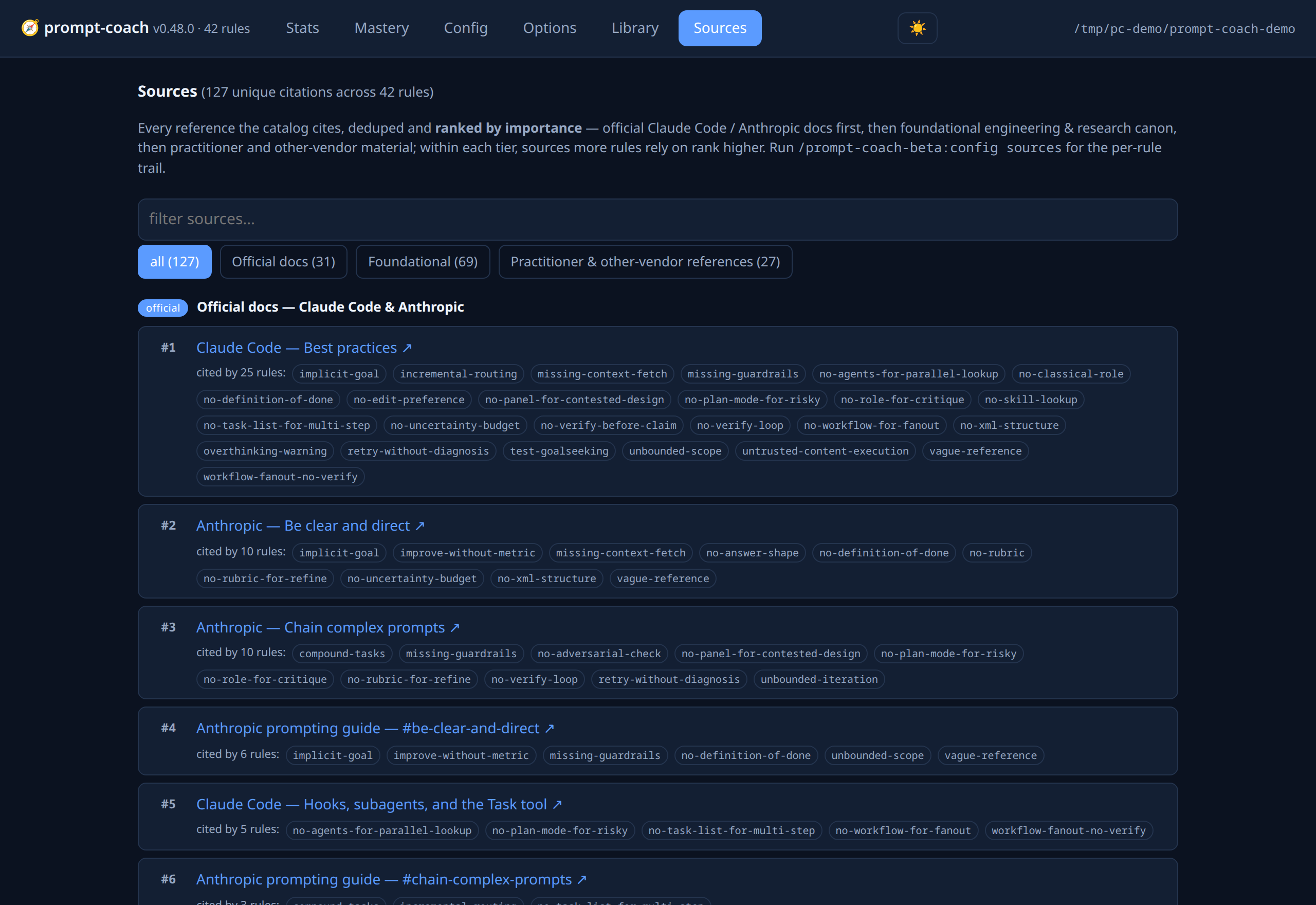 prompt-coach dashboard — the Sources tab