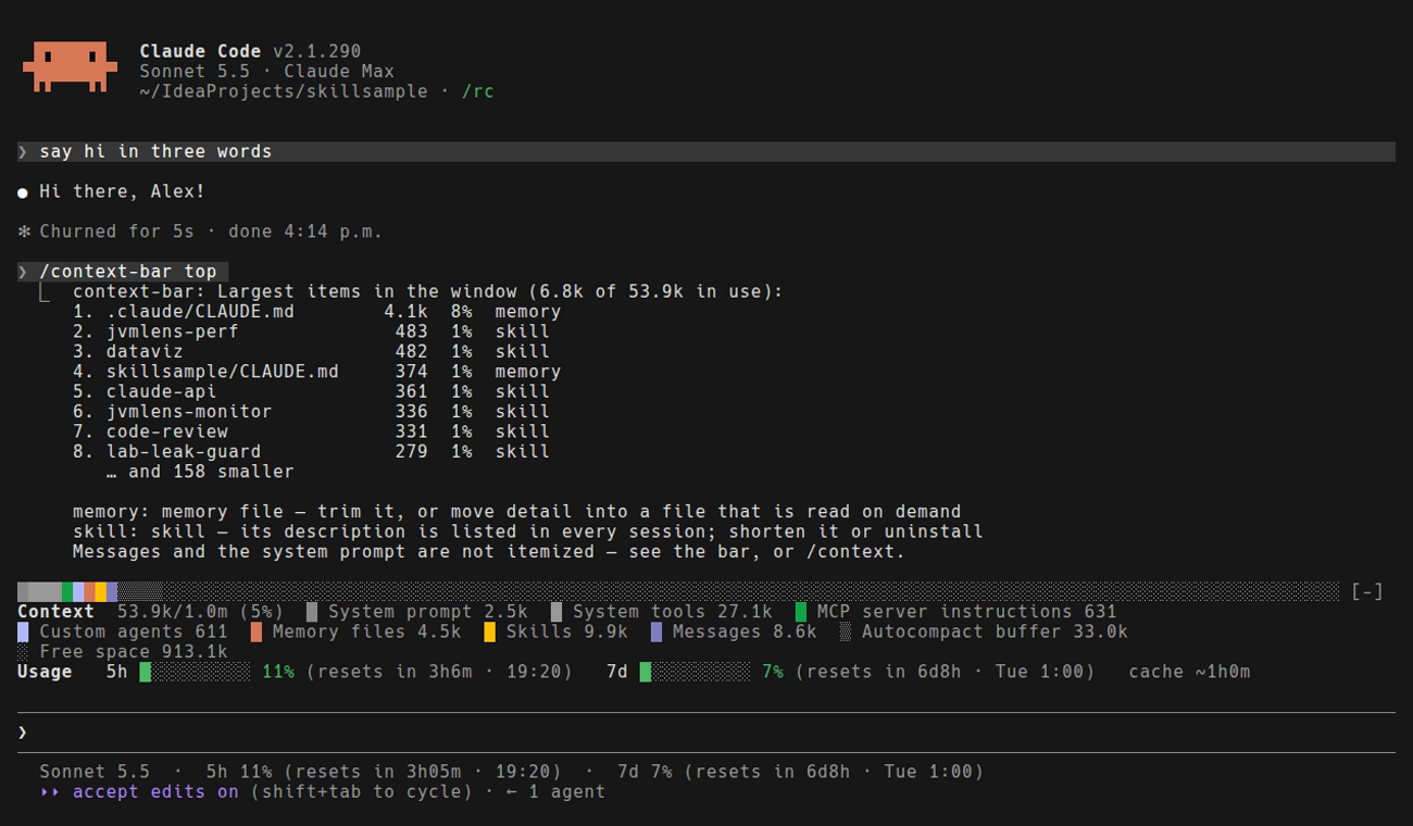 A real session: /context-bar top lists the eight largest items in the window with tokens