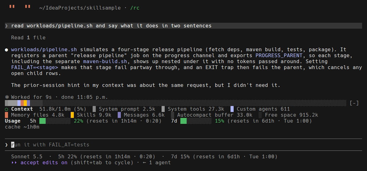 A real Claude Code session with context-bar: a stacked bar above the prompt with one coloured segment per category