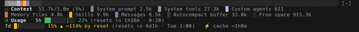 A real session: the Usage row ends with a dim cache figure showing about one hour left