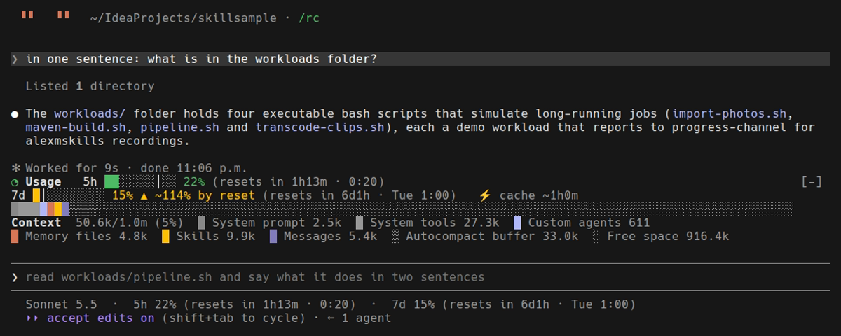 A real Claude Code session with usage-bar: above the prompt