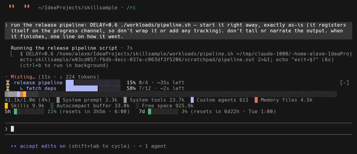 A Claude Code session: release pipeline at 15 percent and its fetch-deps stage at 58 percent drawn as aligned bars above the prompt