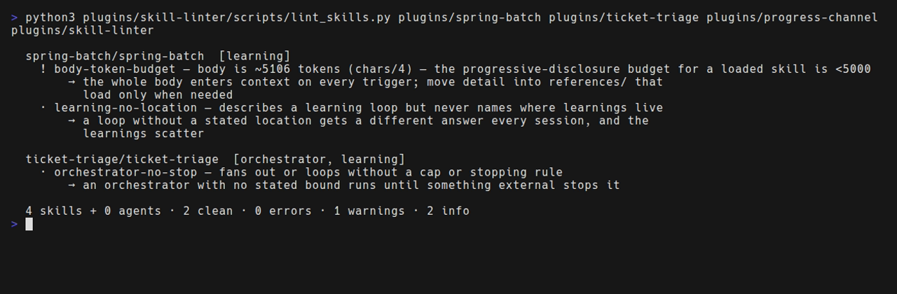 A real skill-linter run over four plugins: each skill is shown with its detected type